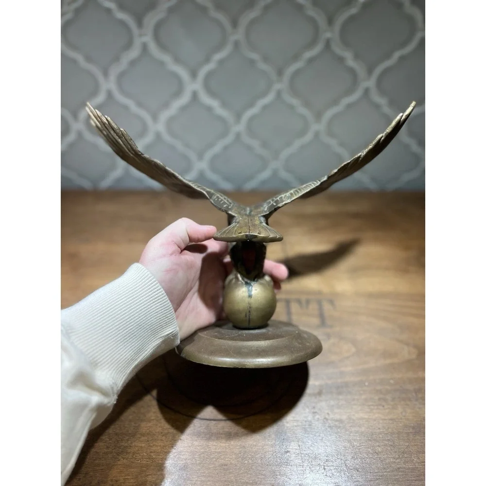 Solid Brass Eagle Perched On Ball Very Heavy About 5 Pounds Great Patina Vintage